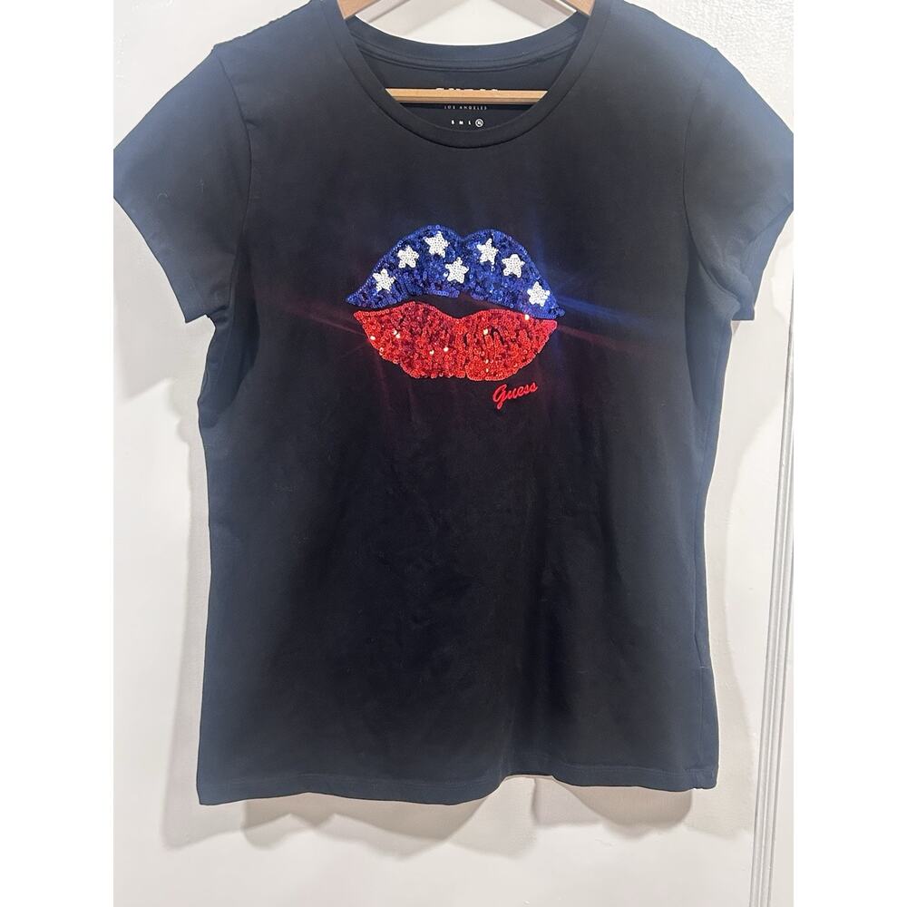 GUESS Los Angeles Women’s Short Sleeve T-Shirt X-LARGE Black/U.S. Flag Lips Y2K